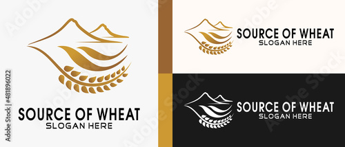 wheat or rice logo design template in silhouette with mountain elements in line art. premium vector logo illustration