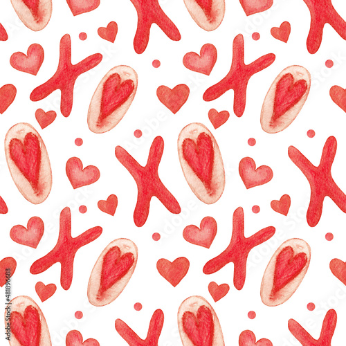 Watercolor pattern with hearts and letters xo, on a white background. Seamless pattern for valentine's day products.