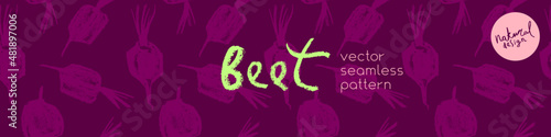 Vector beetroot pattern seamless. Sugar beet background for label, banner, packaging design. Fabric vegan ornament. Vegetarian background. Pencil Illustration. Vegan wallpaper. Purple root vegetable.