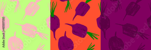 Vector beetroot pattern seamless. Sugar beet background for label  banner  packaging design. Fabric vegan ornament. Vegetarian background. Pencil Illustration. Vegan wallpaper. Purple root vegetable.