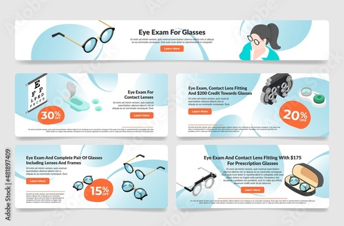 Eye exam for glasses banner landing page collection vector flat advertising medical service