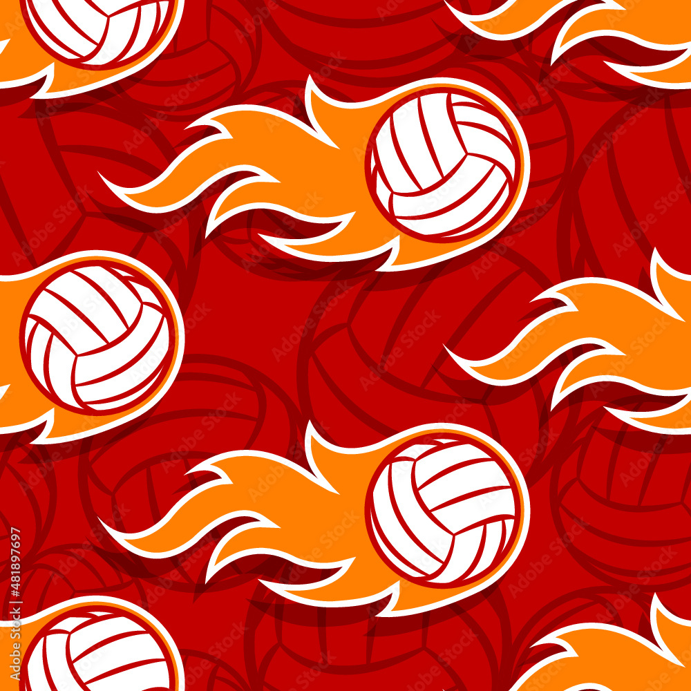 Seamless pattern with volleyball ball icons and flames. Vector illustration. Ideal for wallpaper, wrapping, packaging, fabric design and any kind of decoration.