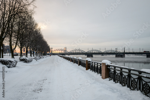 RIGA, LATVIA. 7th December 2021. Winter day in Riga city. Promenade near Daugava river. © Gints