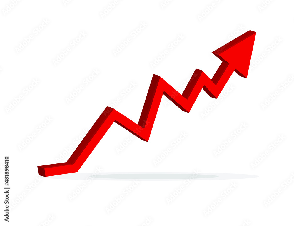 Growing business 3d arrow on white, Profit red arrow, Vector illustration.Business concept, growing chart. Concept of sales symbol icon with arrow moving up. Economic Arrow With Growing Trend. Growing business 3d arrow on white, Profit red arrow, Vector illustration.Business concept, growing chart. Concept of sales symbol icon with arrow moving up. Economic Arrow With Growing Trend.