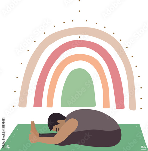 Fit healthy man performing Seated Forward Bend or Paschimottanasana Pose, Dorsal Stretch or Seated Forward Bending Asana with a rainbow background in boho style