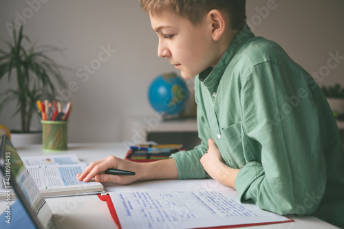 Diligent tenn student studying at home during online course photo