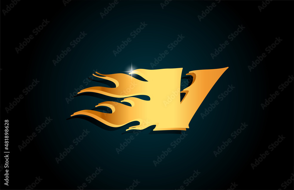 Fototapeta premium gold V alphabet letter icon logo design. Creative template for business with golden flames
