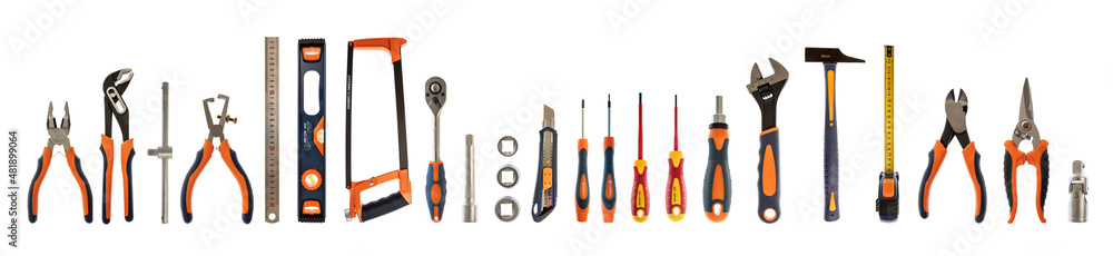 Hand tools isolated on white background. New instrument set for repair and construction - obrazy, fototapety, plakaty 