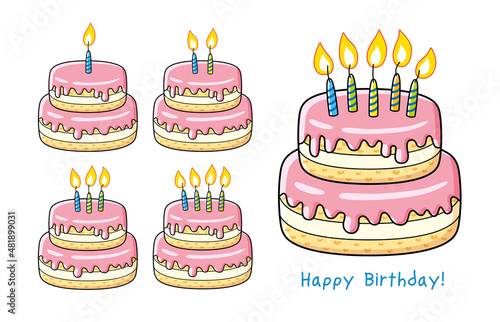 Birthday cake with one, two, three, four and five candles isolated cartoon vector set.