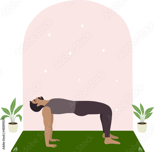 Man performing Reverse Table Top Pose or Ardha Purvottanasana on the mat with a beautiful background in boho style