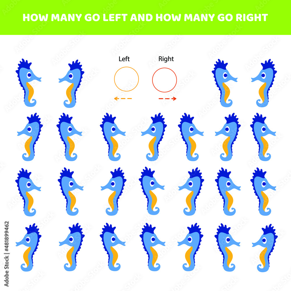 Fototapeta premium How many go left.How many go right.Counting game with cute cartoon seahorse.Worksheet for kids.