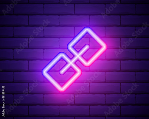 Link icon. Hyperlink chain symbol. Simple icon. Pink neon style on brick wall background. Light icon