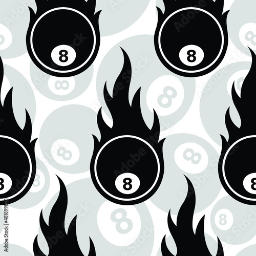 Seamless pattern with billiard pool 8 ball icon and flame
