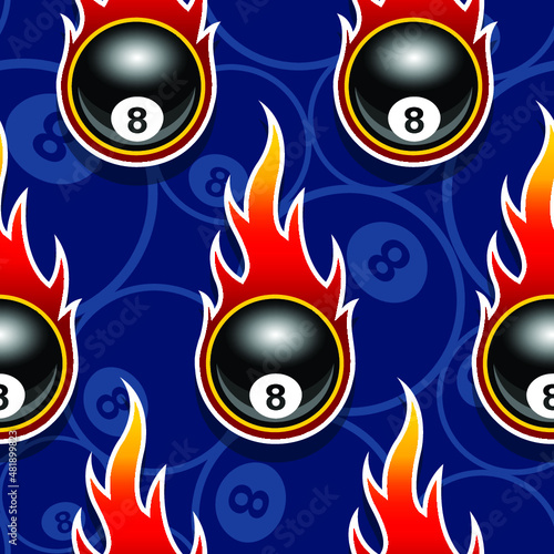 Seamless pattern with billiard pool 8 ball icon and flame