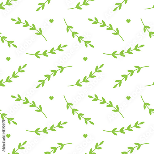 Cute cartoon style green branches with leaves and hearts vector seamless pattern background.