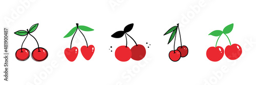 Set, collection of doodle and cartoon style red cherry icons, stickers for food and nature design.
 photo