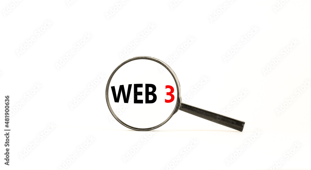 WEB 3 symbol. Concept words WEB 3. Magnifying glass. Beautiful white table, white background. Copy space. Business, technology and WEB 3.0 web3 concept. WEB 3 symbol. Concept words WEB 3. Magnifying glass. Beautiful white table, white background. Copy space. Business, technology and WEB 3.0 web3 concept.