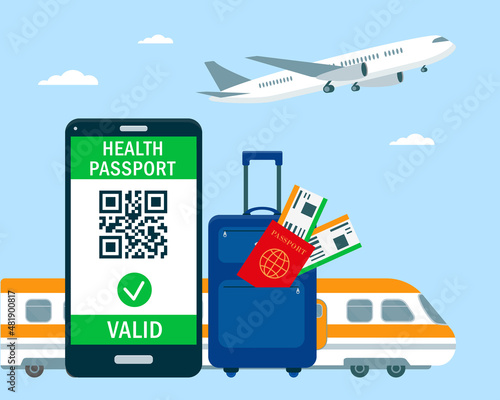 Smartphone with Health Passport QR-code on the screen and Luggage with passport and boarding pass tickets. Concept of Safety travel after the Covid-19 pandemic. Vector illustration.