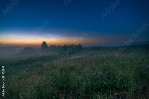 Noctilucent clouds over misty field
