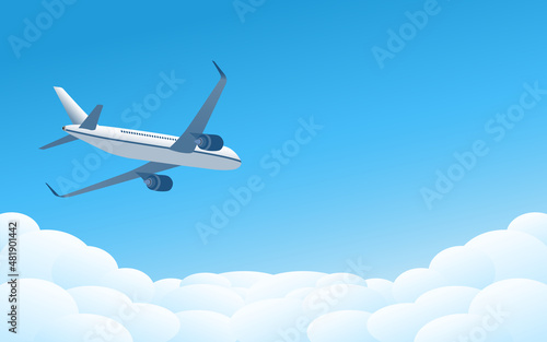 Commercial jet airplane flying above clouds with blue background - Vector Illustration