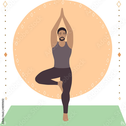 Young Asian man standing in tree or Vrikshasana (Balancing Asana) pose with boho style background, man doing yoga in standing posture.