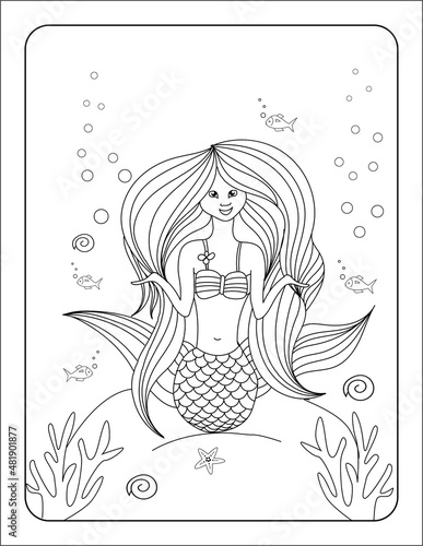 Cute Mermaid Coloring page for kids  Hand-drawn Beautiful Mermaid Coloring Pages for Kids