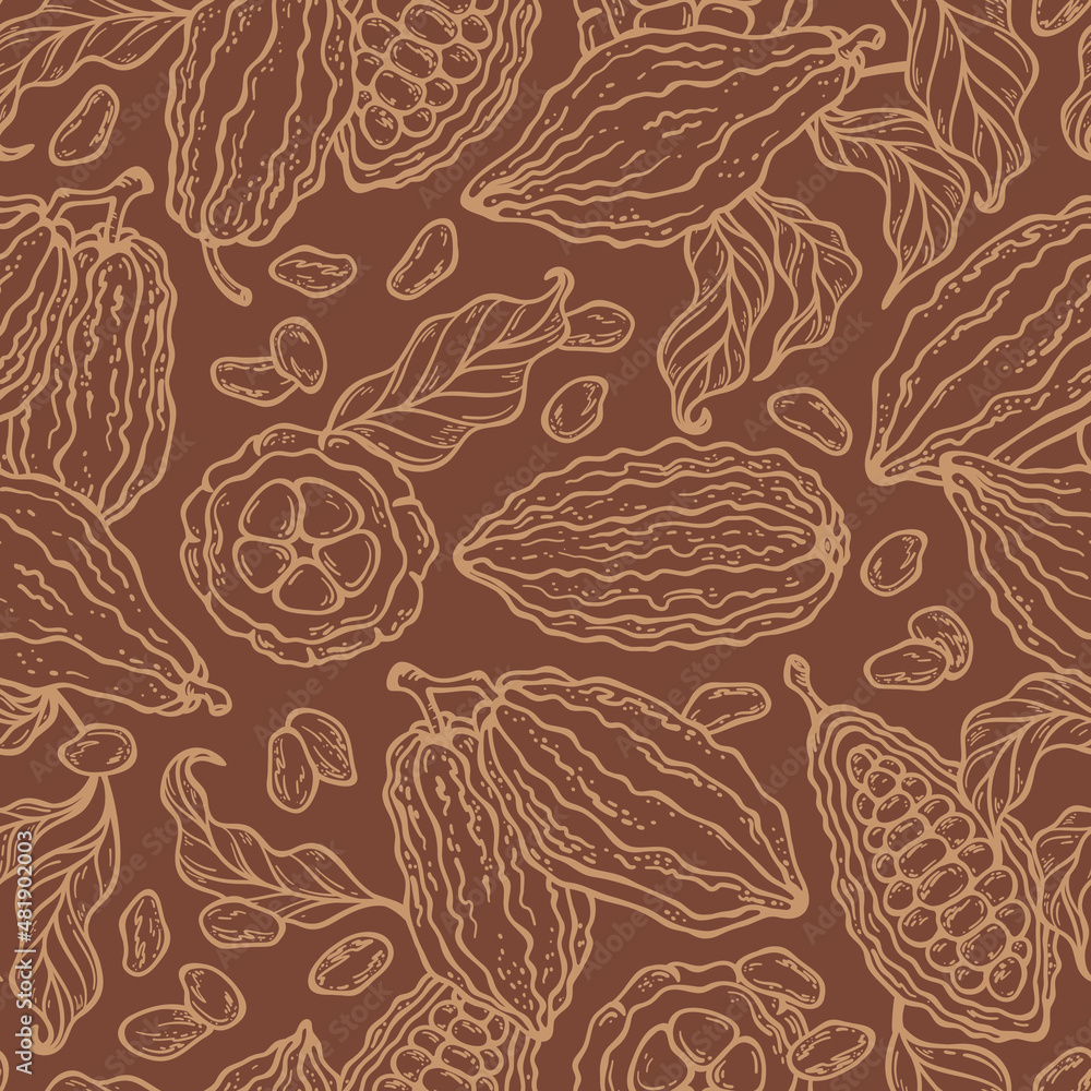 Cocoa Beans and Leaves Vector Seamless Pattern. Cacao Pods. Fruits Floral Background. Brown Chocolate Color Cocoa Beans and Leaves Vector Seamless Pattern. Cacao Pods. Fruits Floral Background. Brown Chocolate Color