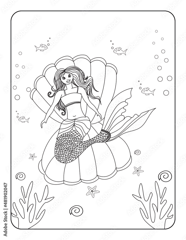 Cute Mermaid Coloring page for kids, Hand-drawn Beautiful Mermaid ...