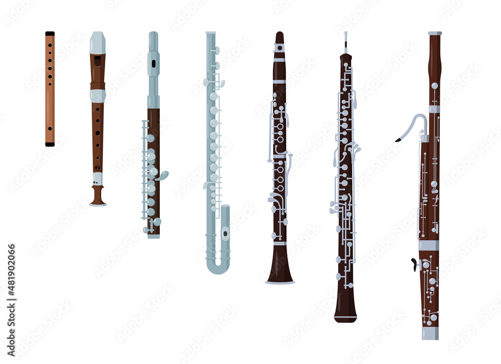 Wind classical orchestral musical instrument icons set isolated on white. Wooden and Block flute, small piccolo and bass flute, bassoon, clarinet and oboe. Vector illustration in flat cartoon style. - obrazy, fototapety, plakaty 