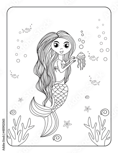Cute Mermaid Coloring page for kids, Hand-drawn Beautiful Mermaid Coloring Pages for Kids