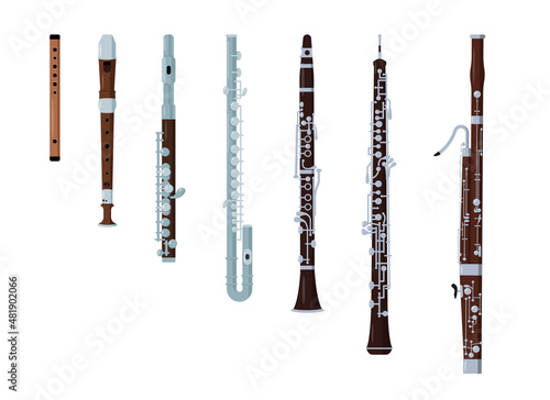 Wind classical orchestral musical instrument icons set isolated on white. Wooden and Block flute, small piccolo and bass flute, bassoon, clarinet and oboe. Vector illustration in flat cartoon style.