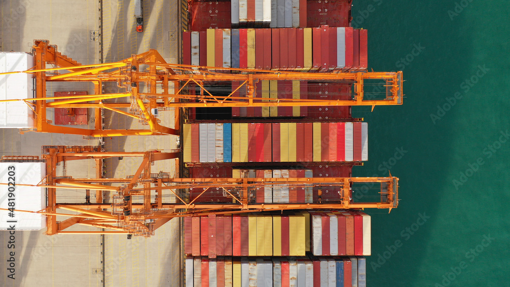Aerial drone top down photo of anchored container ship in loading ...
