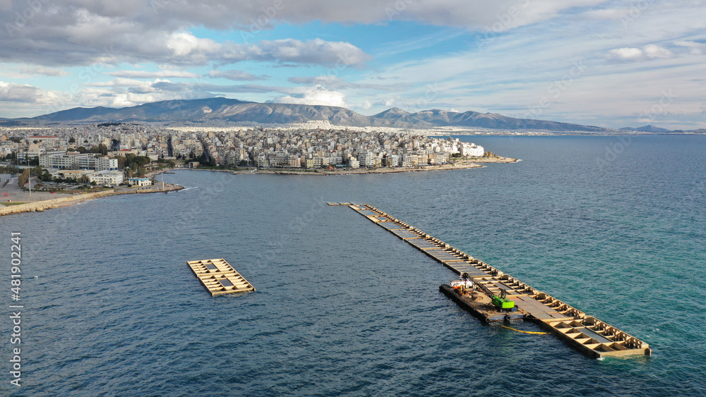 Aerial drone photo of expansion pier construction in port of Piraeus, Attica, Greece