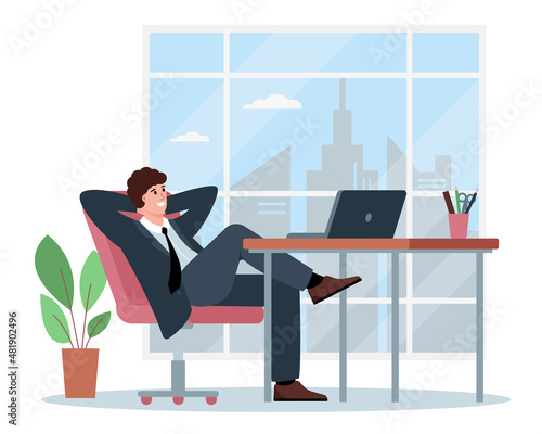 Relaxed businessman sitting in armchair at desk with computer and feeling satisfied from work productivity. Young man character resting in office or chilling. Flat or cartoon Vector illustration.