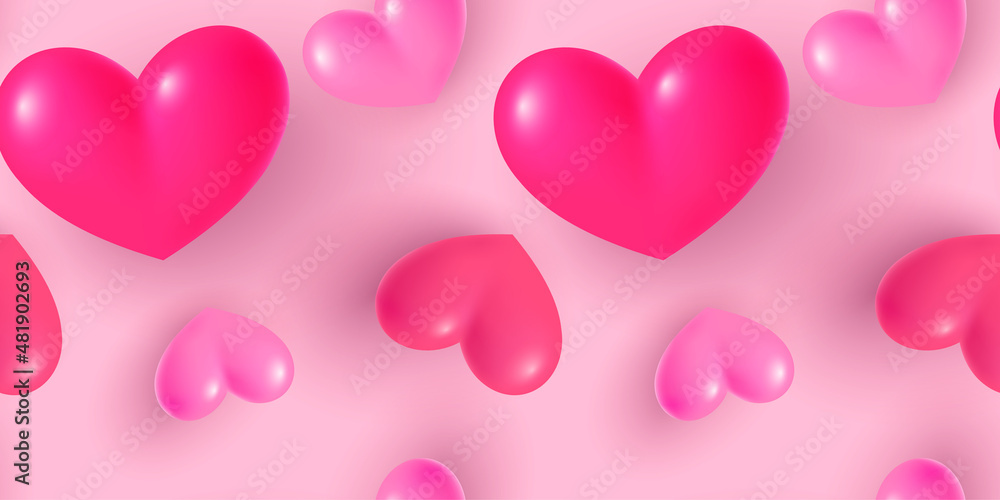 seamless pattern with 3d hearts on a pink background. Valentine's day background. Vector illustration