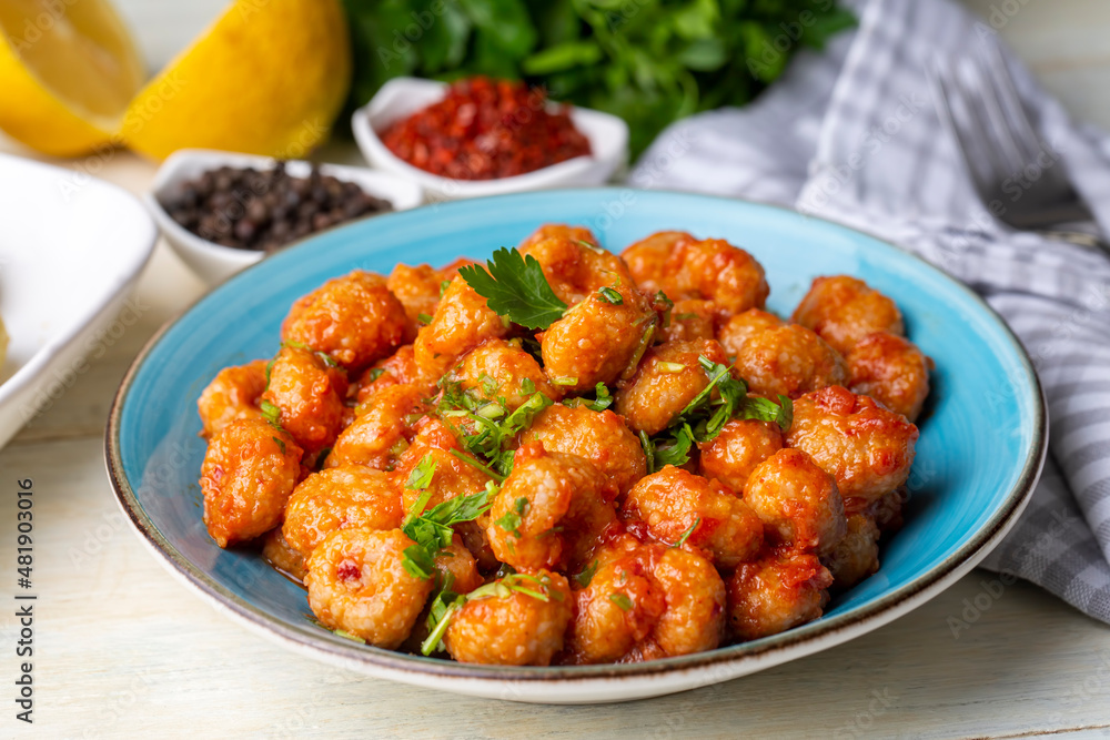 Traditional delicious Turkish food; bulgur garlic meatball (Turkish name; Sarimsakli bulgur kofte or Fellah koftesi)