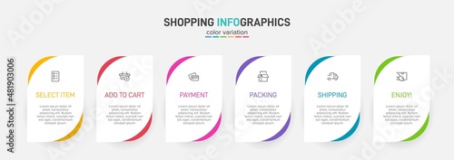 Concept of shopping process with 6 successive steps. Six colorful graphic elements. Timeline design for brochure, presentation, web site. Infographic design layout.