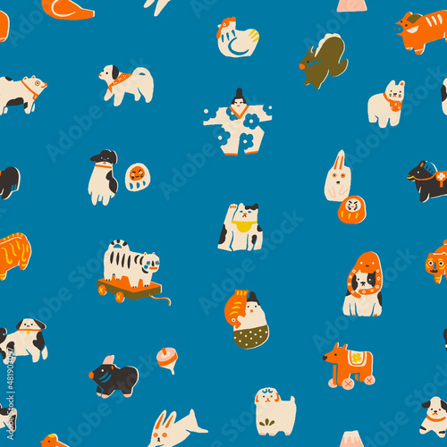 Japanese folk traditional vintage toys seamless pattern. Daruma, maneki neko, cats and dogs dolls. Vector illustration