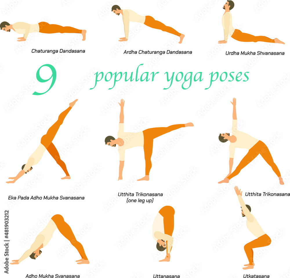 Infographic of 6 Yoga poses for Yoga at home in concept of Strong Legs in  flat