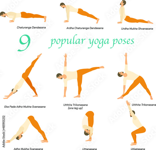  9 Yoga poses of a fit sporty man drawn in flat style. Yoga pose or asana. Man figures exercise in sweaters and orange pants. Man is doing exercises for body stretching. Character Vector Illustration