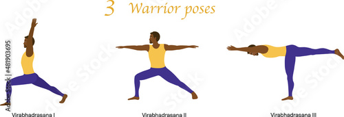 Infographic of 3 yoga poses in flat design. 3 Warrior postures or asanas (Virabhadrasana 1, Virabhadrasana 2, Virabhadrasana 3). African American man is doing yoga, wearing yellow shirt and pants photo