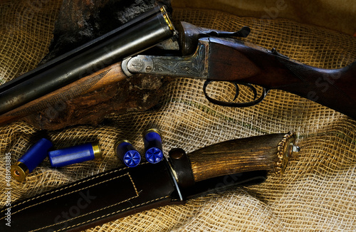 Old compass , hunting knife and sack on wooden table . Clasp, leather, front view, survival camping concept, hunting concept, EDC, Can be used for survival and tourism, Folding knife.