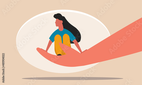 Depression woman and health care with loneliness problems. Psychological therapist treatment vector illustration concept. Hand holding girl with sorrow and mental trouble. People protect stress