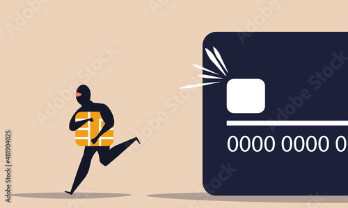 Fototapeta Naklejka Na Ścianę i Meble -  Credit card phishing with money and identity number secure. Data protection and attack online vector illustration concept. Scam privacy finance and fraud password steal. Bank information on web