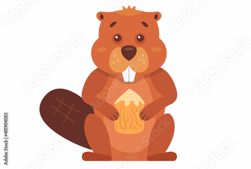 a brown beaver gnaws at a tree to build a dam. forest dweller flat vector illustration.