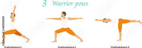 Infographic of 3 yoga poses in flat design. 3 Warrior postures or asanas (Virabhadrasana 1, Virabhadrasana 2, Virabhadrasana 3). Man is doing yoga, wearing white shirt and orange pants. Vector  photo