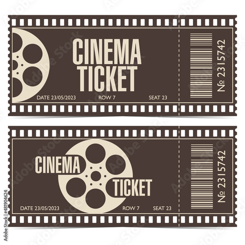 Cinema ticket with barcode in the form of film strip. Editable movie session entrance coupon template with film reel in brown and beige colours. Vector illustration in flat style.