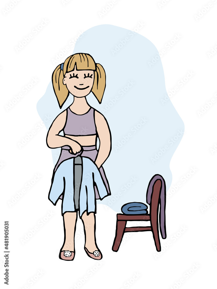 Children's activities and skills. The girl folds her clothes. Trend vector illustration. Children's activities and skills. The girl folds her clothes. Trend vector illustration.