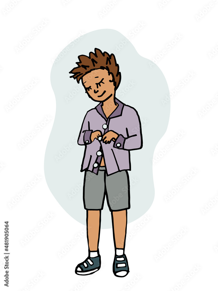 Children's activities and skills. The boy buttons up his shirt. Trend vector illustration.