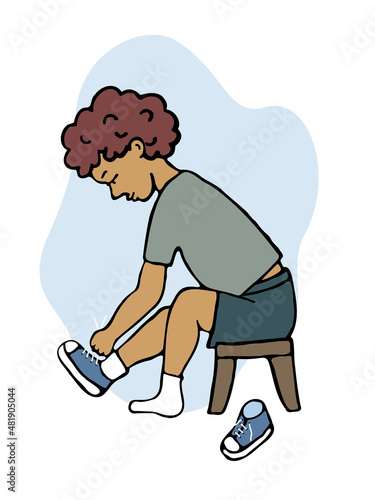 Children's activities and skills. The boy ties his shoelaces. Trend vector illustration.